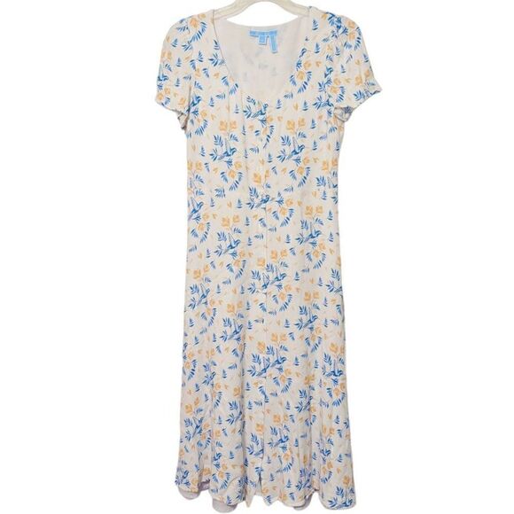 Draper James Floral Button Front Midi Dress in Magnolia White with Bird Multi 6 - Picture 1 of 16